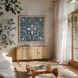 Garden Getaway Tile II Blue by Laura Marshall. Shown in a natural wood frame in a cozy modern living room. Available as an archival giclee rolled canvas, fine art paper, or poster print. SKU 34454a.