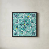Garden Getaway Tile II Teal by Laura Marshall. Shown in a sleek black glass frame for a contemporary gallery look. Available as an archival giclee rolled canvas, fine art paper, or poster print. SKU 34463a.