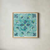 Garden Getaway Tile II Teal by Laura Marshall. Shown in a natural wood glass frame for a timeless modern aesthetic. Available as an archival giclee rolled canvas, fine art paper, or poster print. SKU 34463a.