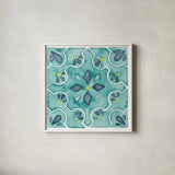 Garden Getaway Tile II Teal by Laura Marshall. Shown in a crisp white glass frame for a clean and minimalist style. Available as an archival giclee rolled canvas, fine art paper, or poster print. SKU 34463a.