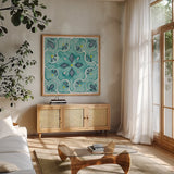 Garden Getaway Tile II Teal by Laura Marshall. Shown in a natural wood frame in a cozy modern living room. Available as an archival giclee rolled canvas, fine art paper, or poster print. SKU 34463a.