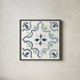 Garden Getaway Tile II White by Laura Marshall. Shown in a sleek black glass frame for a contemporary gallery look. Available as an archival giclee rolled canvas, fine art paper, or poster print. SKU 34472a.