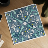 Garden Getaway Tile III Blue by Laura Marshall. Shown as a detailed flat fine art print, highlighting archival giclee quality. Available as an archival giclee rolled canvas, fine art paper, or poster print. SKU 34455a.