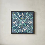Garden Getaway Tile III Blue by Laura Marshall. Shown in a sleek black glass frame for a contemporary gallery look. Available as an archival giclee rolled canvas, fine art paper, or poster print. SKU 34455a.