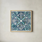 Garden Getaway Tile III Blue by Laura Marshall. Shown in a natural wood glass frame for a timeless modern aesthetic. Available as an archival giclee rolled canvas, fine art paper, or poster print. SKU 34455a.