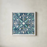 Garden Getaway Tile III Blue by Laura Marshall. Shown in a crisp white glass frame for a clean and minimalist style. Available as an archival giclee rolled canvas, fine art paper, or poster print. SKU 34455a.