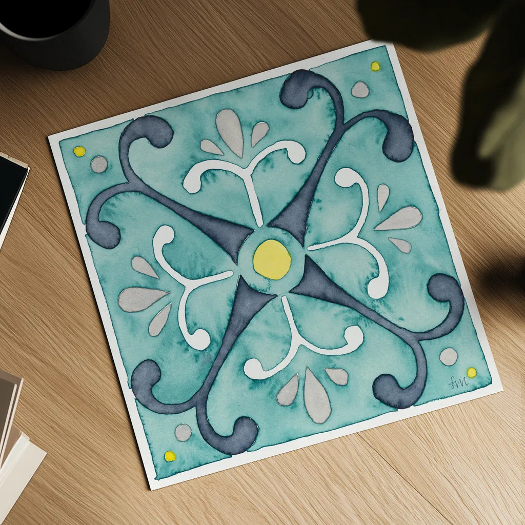 Garden Getaway Tile III Teal by Laura Marshall. Shown as a detailed flat fine art print, highlighting archival giclee quality. Available as an archival giclee rolled canvas, fine art paper, or poster print. SKU 34464a.