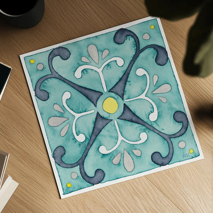 Garden Getaway Tile III Teal by Laura Marshall. Shown as a detailed flat fine art print, highlighting archival giclee quality. Available as an archival giclee rolled canvas, fine art paper, or poster print. SKU 34464a.