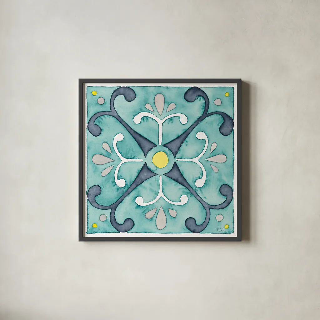Garden Getaway Tile III Teal by Laura Marshall. Shown in a sleek black glass frame for a contemporary gallery look. Available as an archival giclee rolled canvas, fine art paper, or poster print. SKU 34464a.