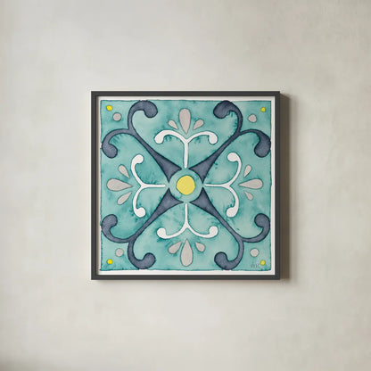 Garden Getaway Tile III Teal by Laura Marshall. Shown in a sleek black glass frame for a contemporary gallery look. Available as an archival giclee rolled canvas, fine art paper, or poster print. SKU 34464a.
