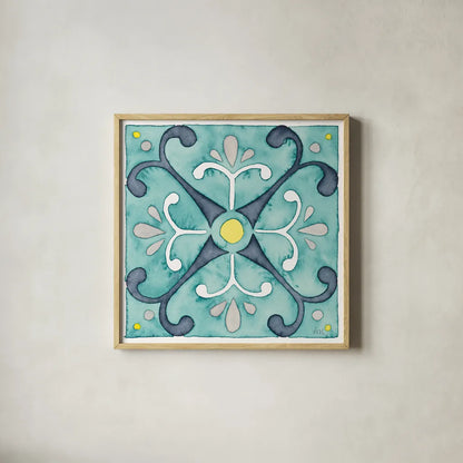 Garden Getaway Tile III Teal by Laura Marshall. Shown in a natural wood glass frame for a timeless modern aesthetic. Available as an archival giclee rolled canvas, fine art paper, or poster print. SKU 34464a.