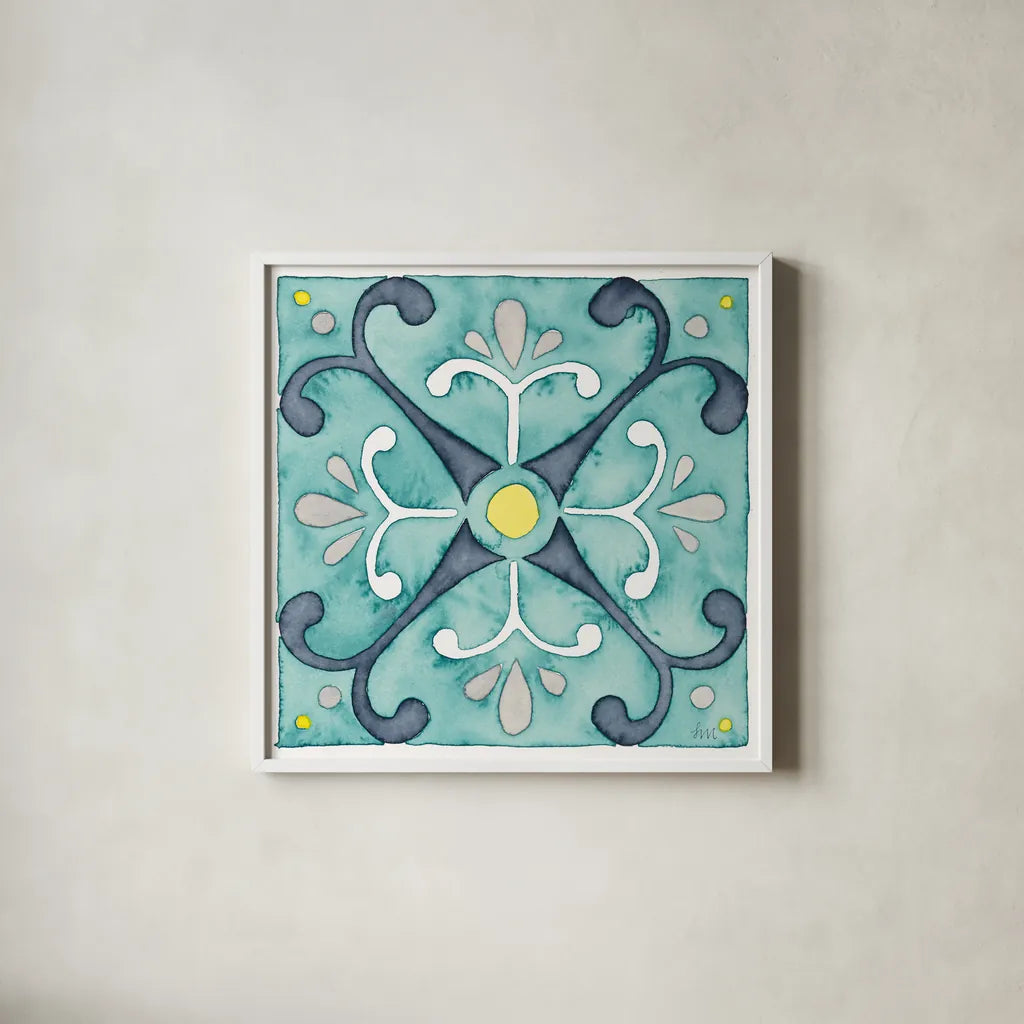 Garden Getaway Tile III Teal by Laura Marshall. Shown in a crisp white glass frame for a clean and minimalist style. Available as an archival giclee rolled canvas, fine art paper, or poster print. SKU 34464a.
