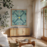 Garden Getaway Tile III Teal by Laura Marshall. Shown in a natural wood frame in a cozy modern living room. Available as an archival giclee rolled canvas, fine art paper, or poster print. SKU 34464a.