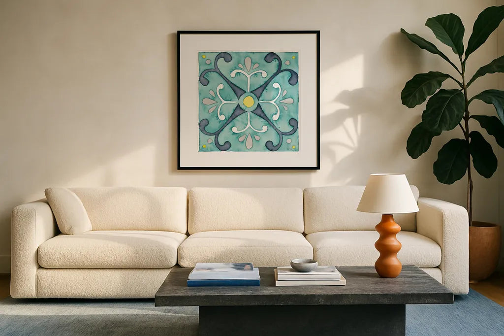 Garden Getaway Tile III Teal by Laura Marshall. Displayed in a glass frame with matte in a clean modern living room. Available as an archival giclee rolled canvas, fine art paper, or poster print. SKU 34464a.