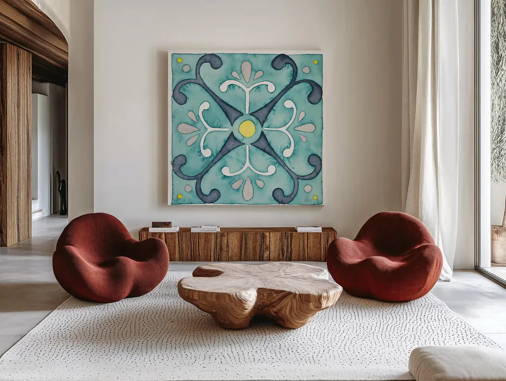 Garden Getaway Tile III Teal by Laura Marshall. Shown as extra-large giant wall art in a modern living room. Available as an archival giclee rolled canvas, fine art paper, or poster print. SKU 34464a.