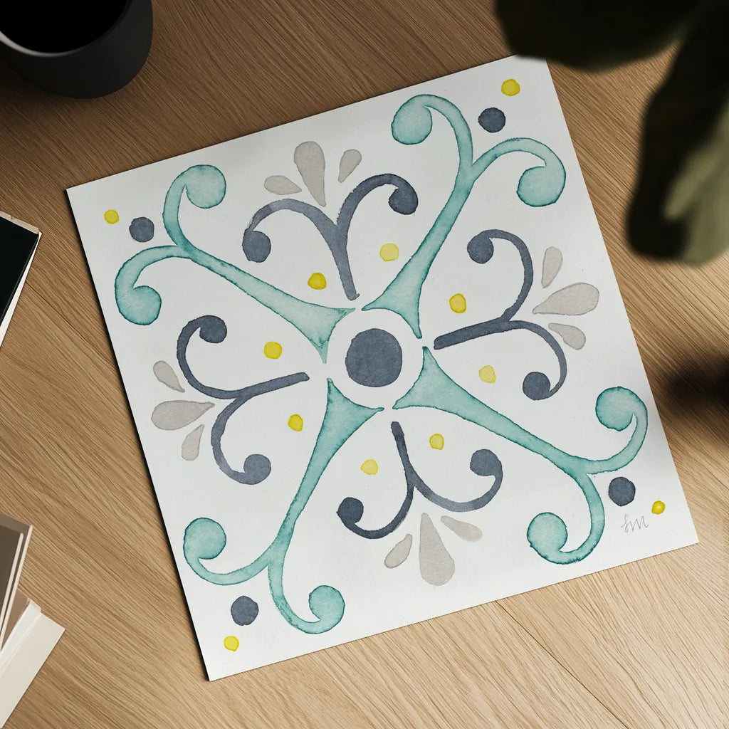 Garden Getaway Tile III White by Laura Marshall. Shown as a detailed flat fine art print, highlighting archival giclee quality. Available as an archival giclee rolled canvas, fine art paper, or poster print. SKU 34473a.