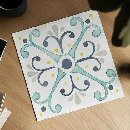 Garden Getaway Tile III White by Laura Marshall. Shown as a detailed flat fine art print, highlighting archival giclee quality. Available as an archival giclee rolled canvas, fine art paper, or poster print. SKU 34473a.