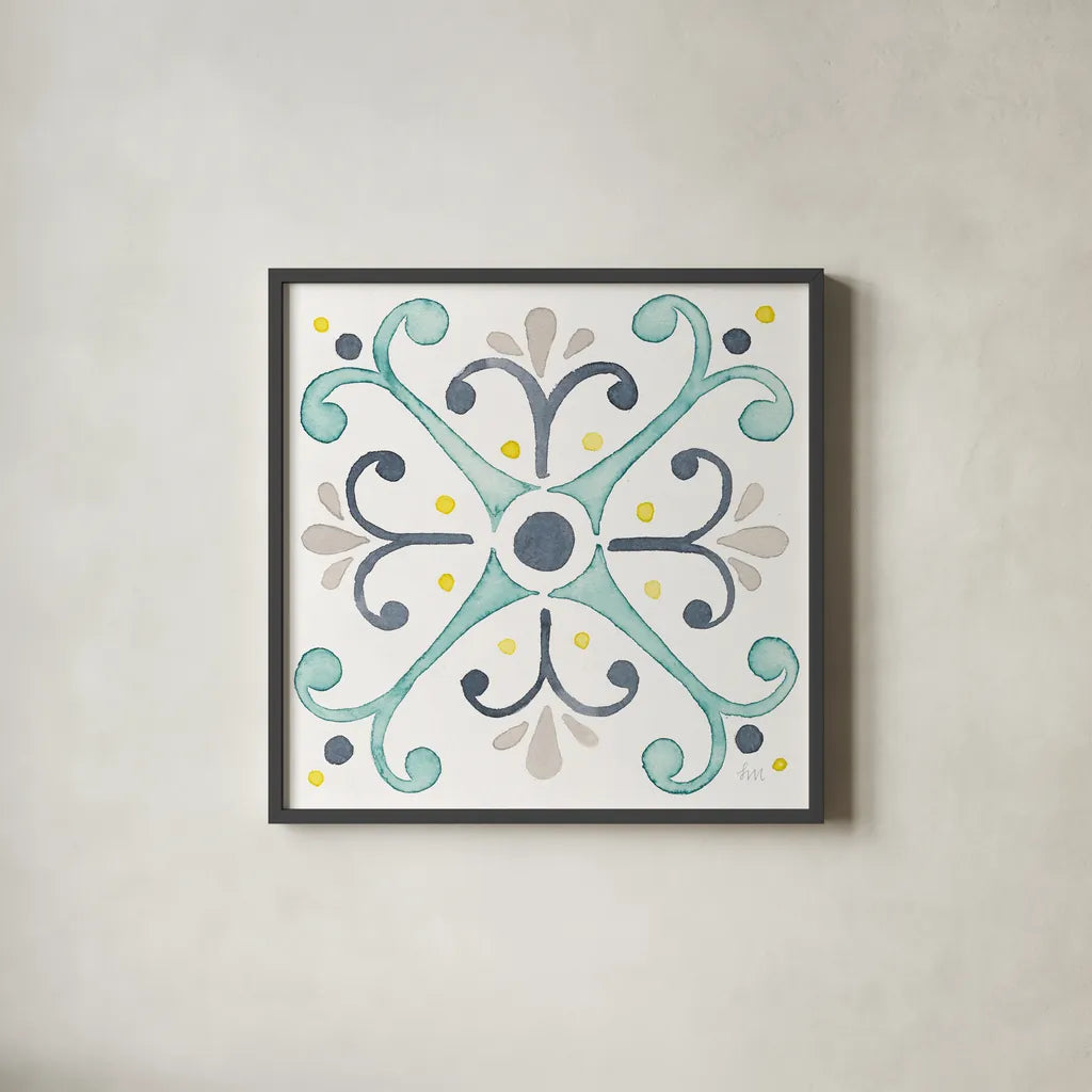 Garden Getaway Tile III White by Laura Marshall. Shown in a sleek black glass frame for a contemporary gallery look. Available as an archival giclee rolled canvas, fine art paper, or poster print. SKU 34473a.