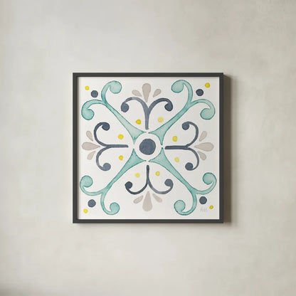 Garden Getaway Tile III White by Laura Marshall. Shown in a sleek black glass frame for a contemporary gallery look. Available as an archival giclee rolled canvas, fine art paper, or poster print. SKU 34473a.