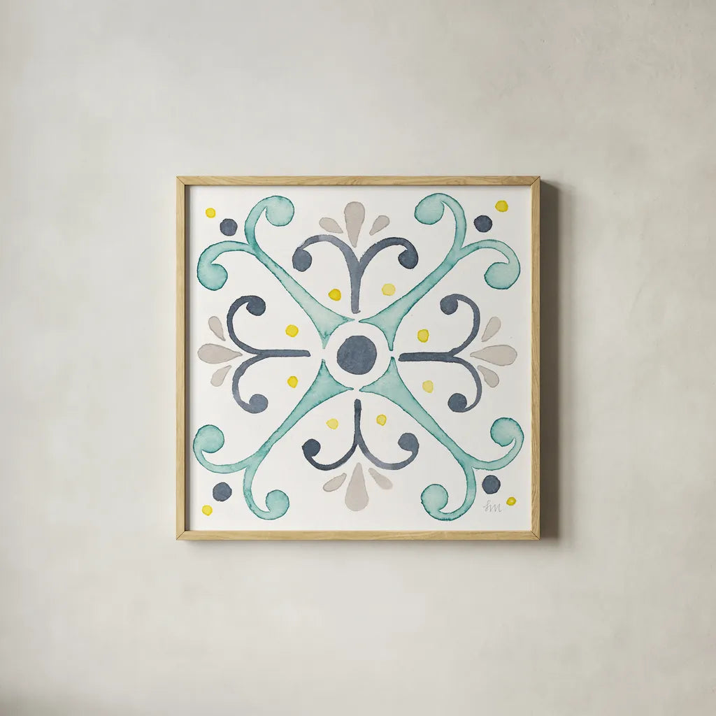 Garden Getaway Tile III White by Laura Marshall. Shown in a natural wood glass frame for a timeless modern aesthetic. Available as an archival giclee rolled canvas, fine art paper, or poster print. SKU 34473a.