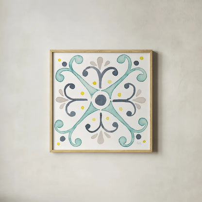 Garden Getaway Tile III White by Laura Marshall. Shown in a natural wood glass frame for a timeless modern aesthetic. Available as an archival giclee rolled canvas, fine art paper, or poster print. SKU 34473a.