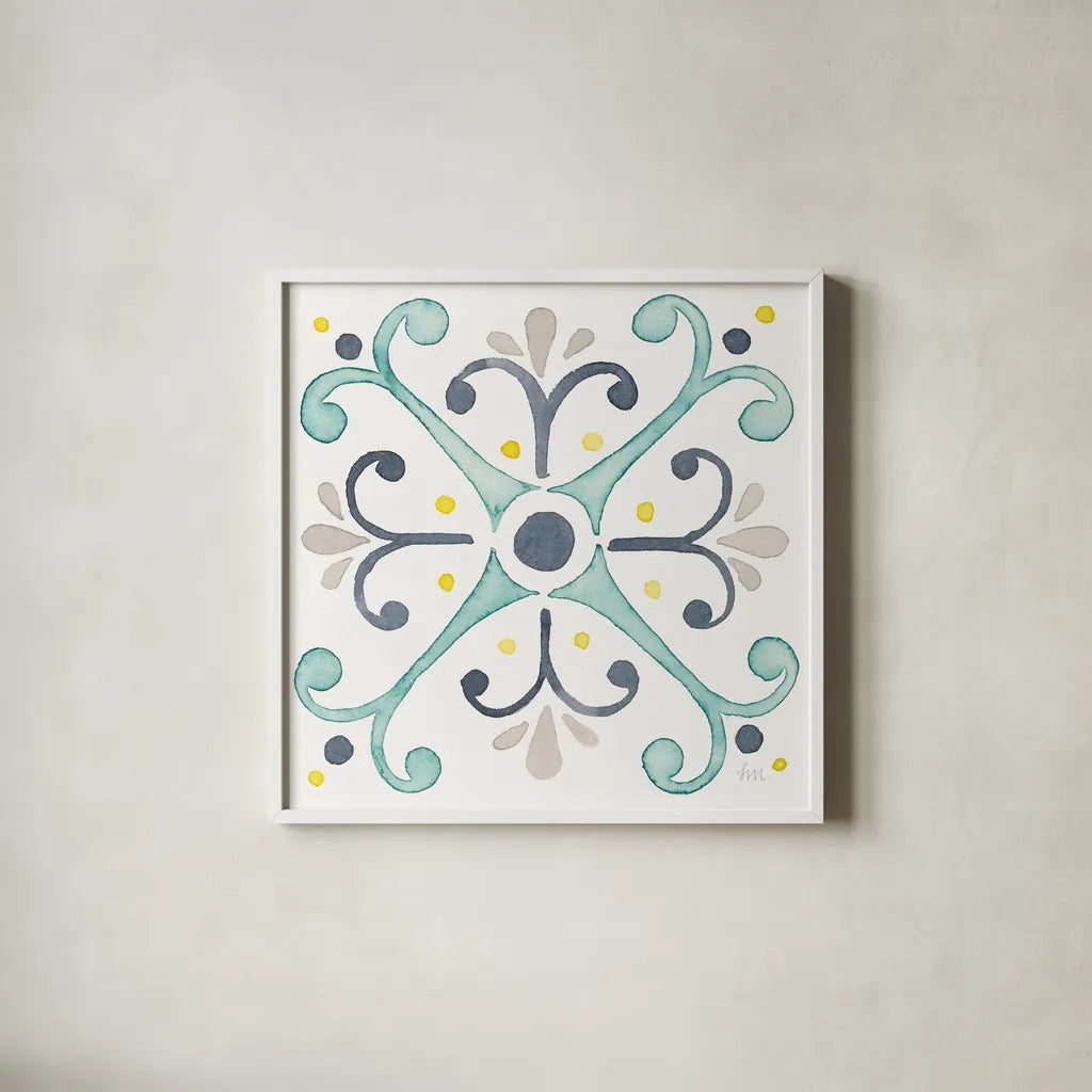 Garden Getaway Tile III White by Laura Marshall. Shown in a crisp white glass frame for a clean and minimalist style. Available as an archival giclee rolled canvas, fine art paper, or poster print. SKU 34473a.