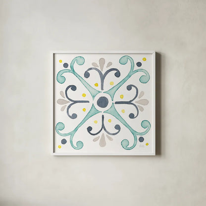 Garden Getaway Tile III White by Laura Marshall. Shown in a crisp white glass frame for a clean and minimalist style. Available as an archival giclee rolled canvas, fine art paper, or poster print. SKU 34473a.