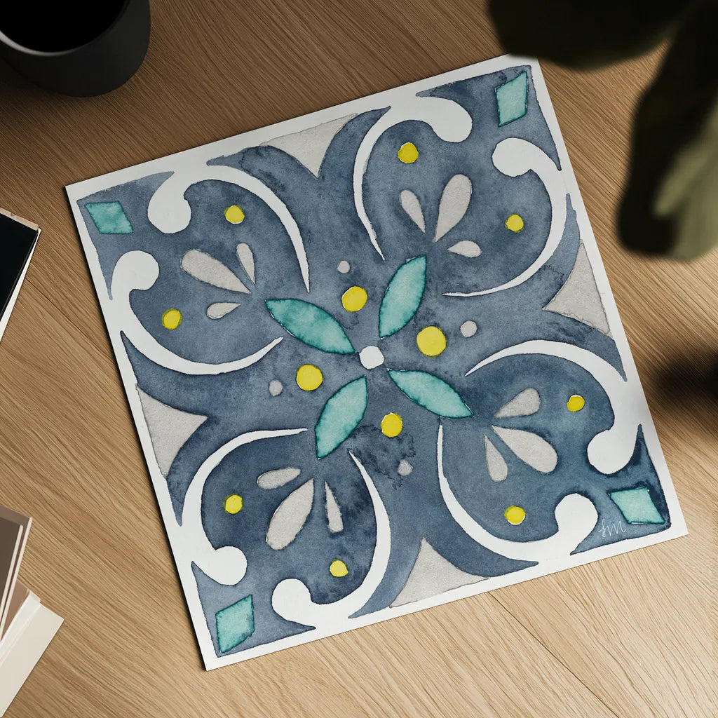 Garden Getaway Tile IV Blue by Laura Marshall. Shown as a detailed flat fine art print, highlighting archival giclee quality. Available as an archival giclee rolled canvas, fine art paper, or poster print. SKU 34456a.