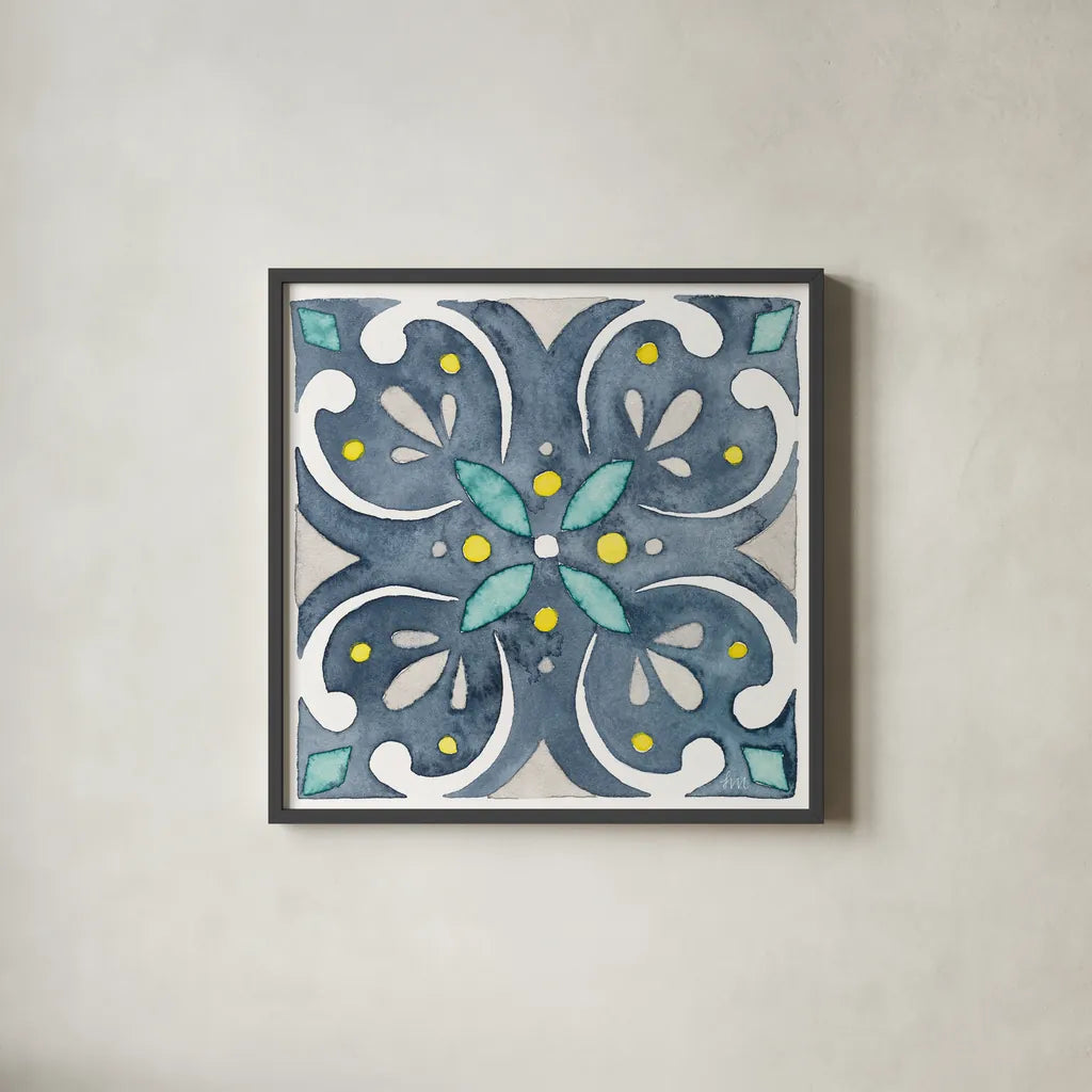 Garden Getaway Tile IV Blue by Laura Marshall. Shown in a sleek black glass frame for a contemporary gallery look. Available as an archival giclee rolled canvas, fine art paper, or poster print. SKU 34456a.