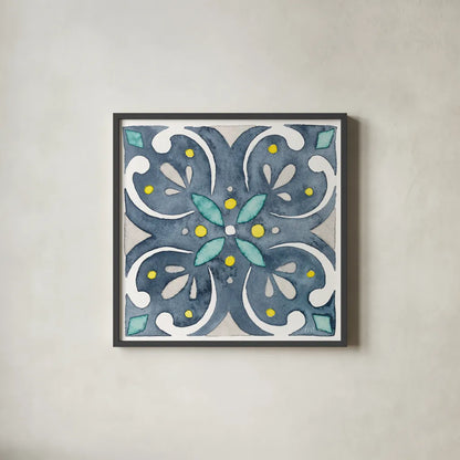 Garden Getaway Tile IV Blue by Laura Marshall. Shown in a sleek black glass frame for a contemporary gallery look. Available as an archival giclee rolled canvas, fine art paper, or poster print. SKU 34456a.