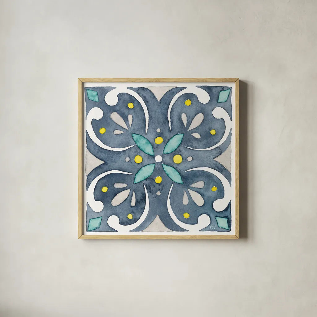 Garden Getaway Tile IV Blue by Laura Marshall. Shown in a natural wood glass frame for a timeless modern aesthetic. Available as an archival giclee rolled canvas, fine art paper, or poster print. SKU 34456a.