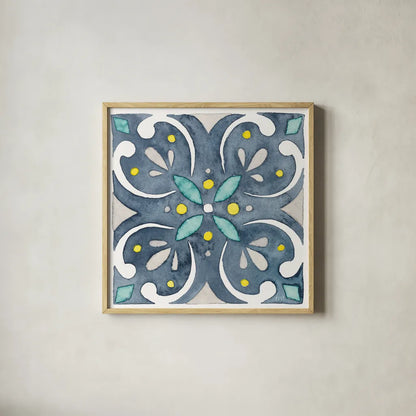 Garden Getaway Tile IV Blue by Laura Marshall. Shown in a natural wood glass frame for a timeless modern aesthetic. Available as an archival giclee rolled canvas, fine art paper, or poster print. SKU 34456a.
