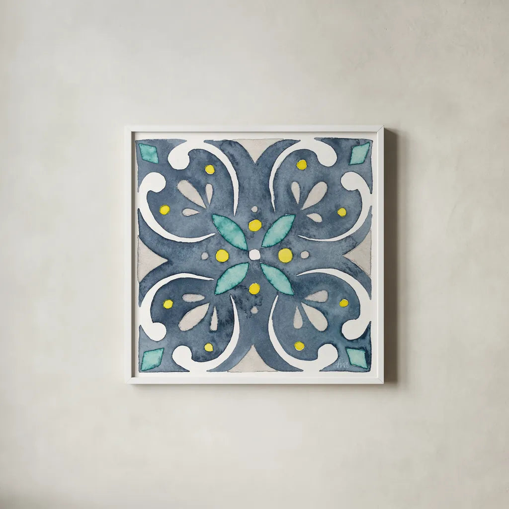 Garden Getaway Tile IV Blue by Laura Marshall. Shown in a crisp white glass frame for a clean and minimalist style. Available as an archival giclee rolled canvas, fine art paper, or poster print. SKU 34456a.