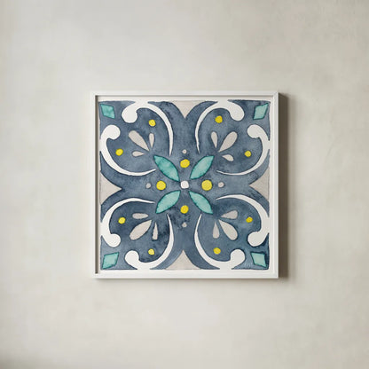 Garden Getaway Tile IV Blue by Laura Marshall. Shown in a crisp white glass frame for a clean and minimalist style. Available as an archival giclee rolled canvas, fine art paper, or poster print. SKU 34456a.