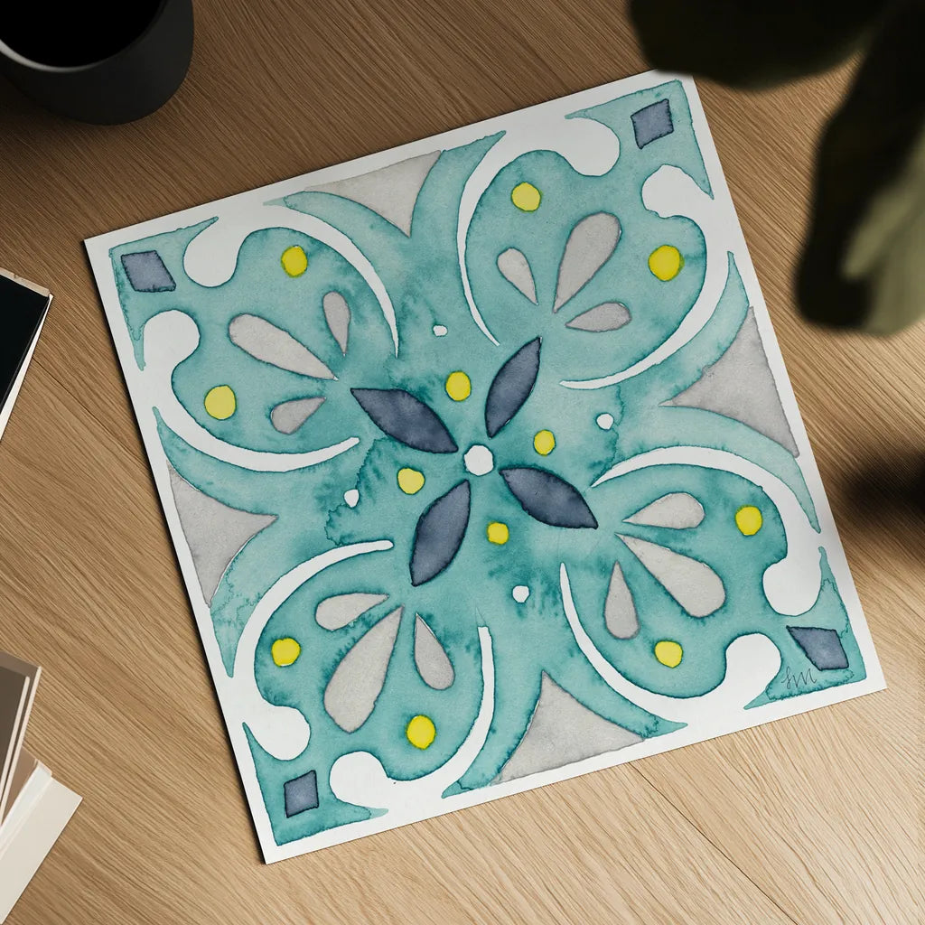 Garden Getaway Tile IV Teal by Laura Marshall. Shown as a detailed flat fine art print, highlighting archival giclee quality. Available as an archival giclee rolled canvas, fine art paper, or poster print. SKU 34465a.