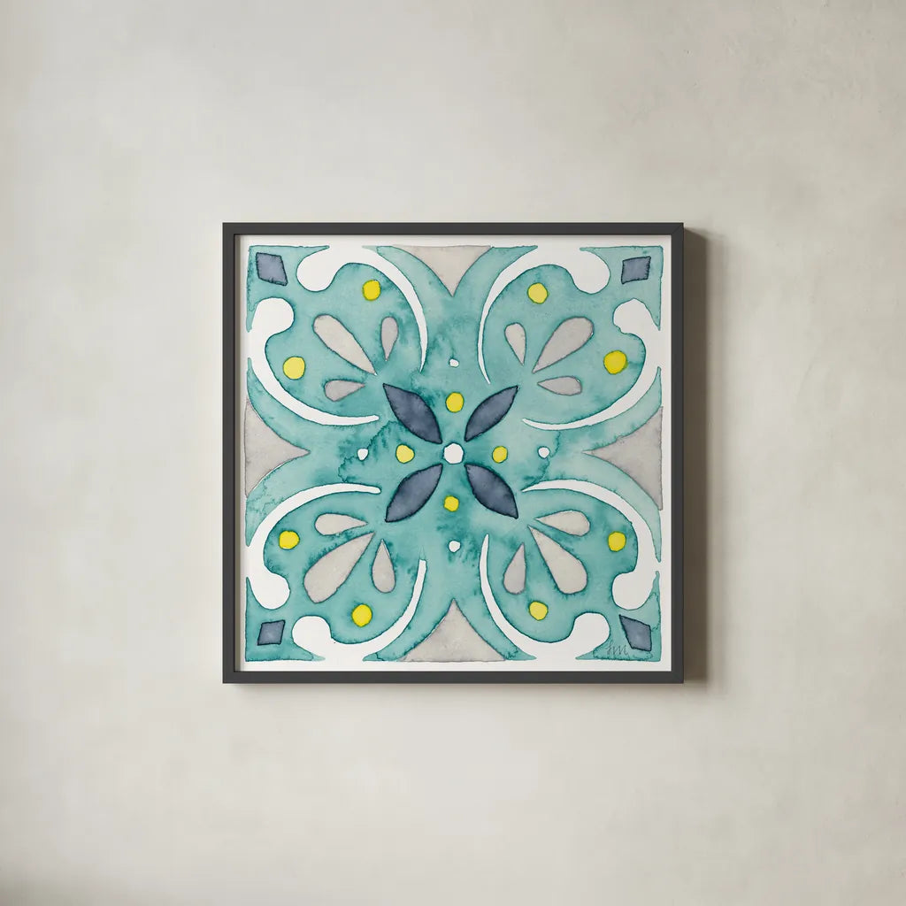 Garden Getaway Tile IV Teal by Laura Marshall. Shown in a sleek black glass frame for a contemporary gallery look. Available as an archival giclee rolled canvas, fine art paper, or poster print. SKU 34465a.