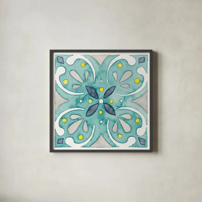 Garden Getaway Tile IV Teal by Laura Marshall. Shown in a sleek black glass frame for a contemporary gallery look. Available as an archival giclee rolled canvas, fine art paper, or poster print. SKU 34465a.
