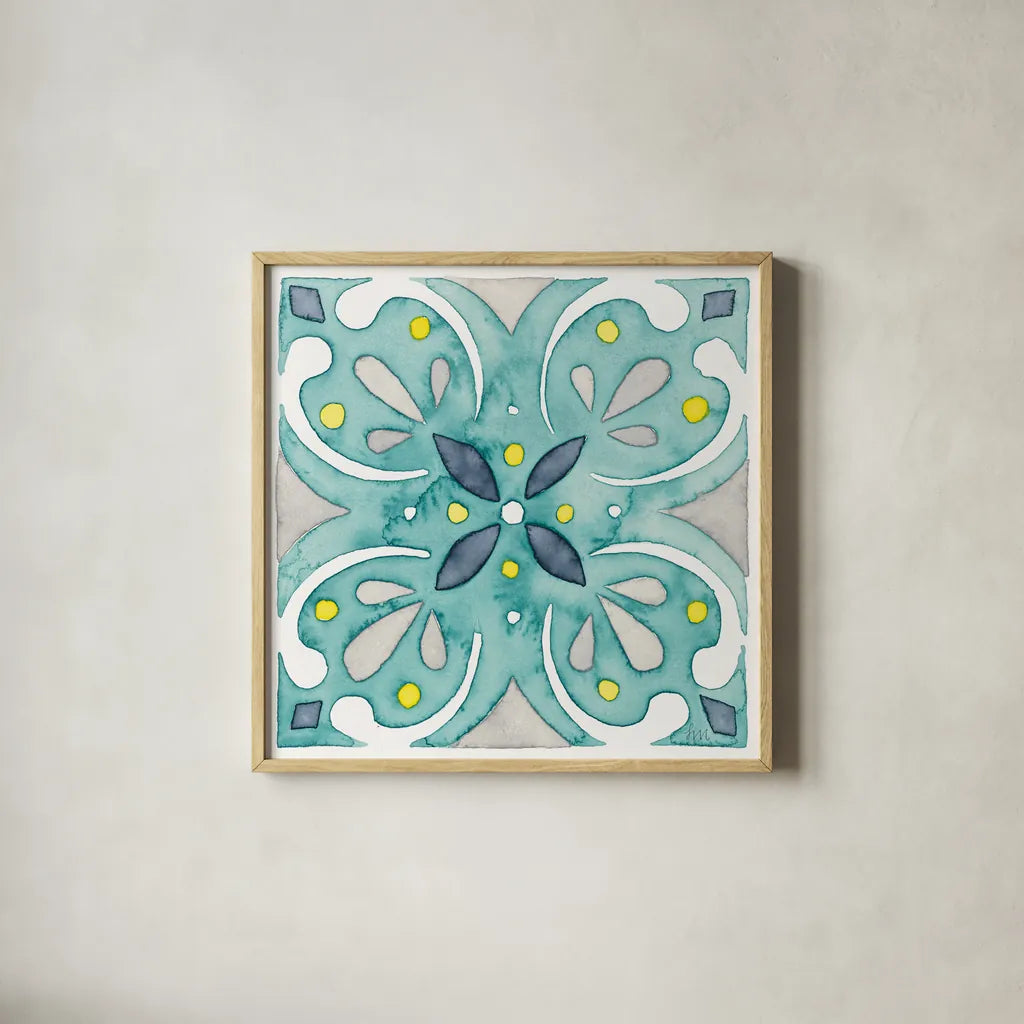 Garden Getaway Tile IV Teal by Laura Marshall. Shown in a natural wood glass frame for a timeless modern aesthetic. Available as an archival giclee rolled canvas, fine art paper, or poster print. SKU 34465a.