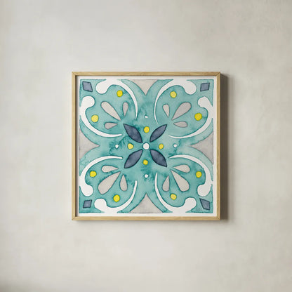 Garden Getaway Tile IV Teal by Laura Marshall. Shown in a natural wood glass frame for a timeless modern aesthetic. Available as an archival giclee rolled canvas, fine art paper, or poster print. SKU 34465a.