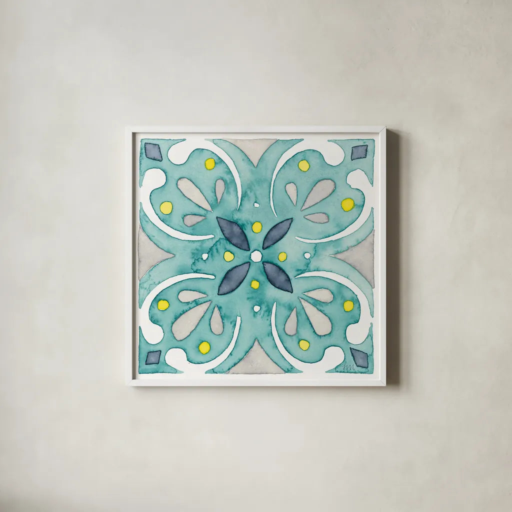 Garden Getaway Tile IV Teal by Laura Marshall. Shown in a crisp white glass frame for a clean and minimalist style. Available as an archival giclee rolled canvas, fine art paper, or poster print. SKU 34465a.