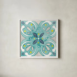 Garden Getaway Tile IV Teal by Laura Marshall. Shown in a crisp white glass frame for a clean and minimalist style. Available as an archival giclee rolled canvas, fine art paper, or poster print. SKU 34465a.