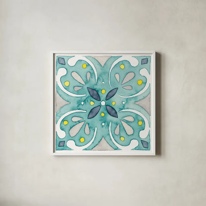 Garden Getaway Tile IV Teal by Laura Marshall. Shown in a crisp white glass frame for a clean and minimalist style. Available as an archival giclee rolled canvas, fine art paper, or poster print. SKU 34465a.