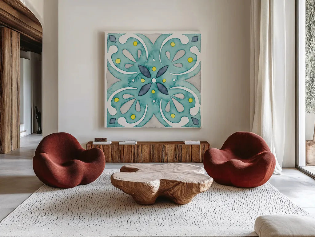 Garden Getaway Tile IV Teal by Laura Marshall. Shown as extra-large giant wall art in a modern living room. Available as an archival giclee rolled canvas, fine art paper, or poster print. SKU 34465a.
