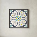 Garden Getaway Tile IV White by Laura Marshall. Shown in a sleek black glass frame for a contemporary gallery look. Available as an archival giclee rolled canvas, fine art paper, or poster print. SKU 34474a.
