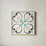 Garden Getaway Tile IV White by Laura Marshall. Shown in a natural wood glass frame for a timeless modern aesthetic. Available as an archival giclee rolled canvas, fine art paper, or poster print. SKU 34474a.