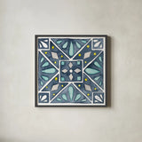 Garden Getaway Tile IX Blue by Laura Marshall. Shown in a sleek black glass frame for a contemporary gallery look. Available as an archival giclee rolled canvas, fine art paper, or poster print. SKU 34461a.