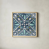 Garden Getaway Tile IX Blue by Laura Marshall. Shown in a natural wood glass frame for a timeless modern aesthetic. Available as an archival giclee rolled canvas, fine art paper, or poster print. SKU 34461a.