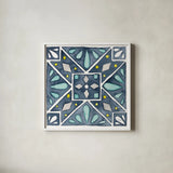 Garden Getaway Tile IX Blue by Laura Marshall. Shown in a crisp white glass frame for a clean and minimalist style. Available as an archival giclee rolled canvas, fine art paper, or poster print. SKU 34461a.