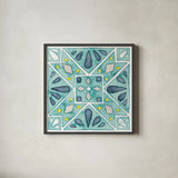 Garden Getaway Tile IX Teal by Laura Marshall. Shown in a sleek black glass frame for a contemporary gallery look. Available as an archival giclee rolled canvas, fine art paper, or poster print. SKU 34470a.