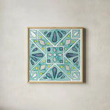 Garden Getaway Tile IX Teal by Laura Marshall. Shown in a natural wood glass frame for a timeless modern aesthetic. Available as an archival giclee rolled canvas, fine art paper, or poster print. SKU 34470a.